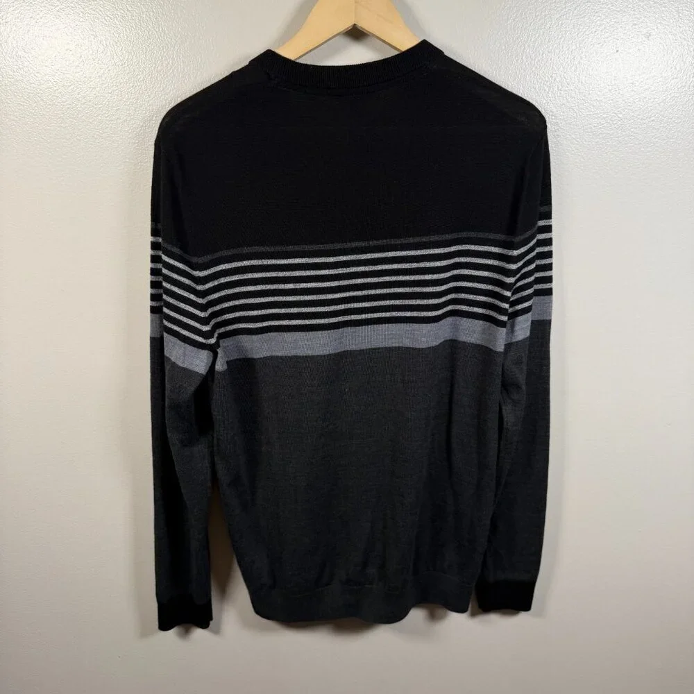 Ted Baker Wool Crewneck Sweater Mens Size 5 US XL Black Gray Stripes Flaw*
